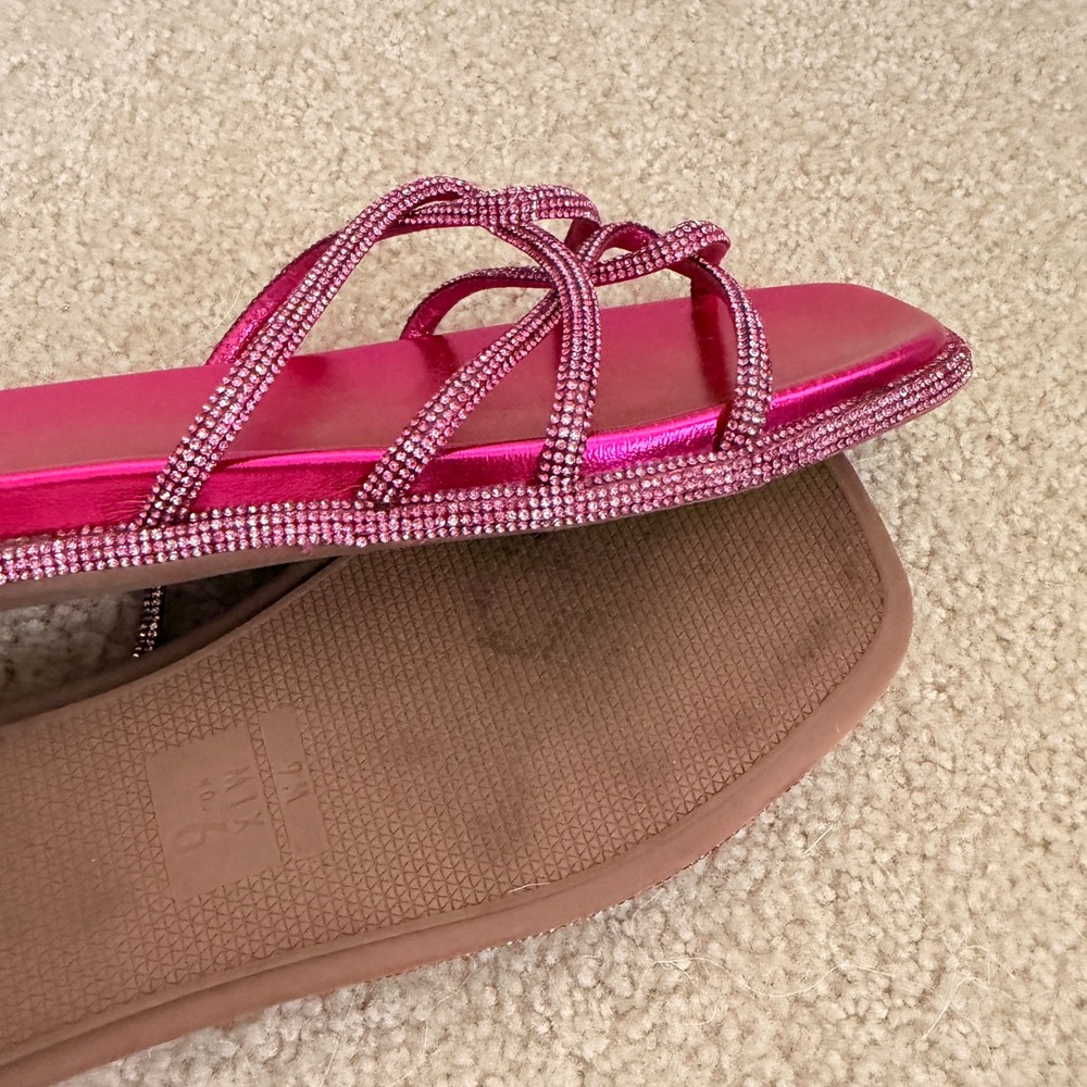 Mix No. 6 Womens 9M Metallic Fuchsia Rhinestone Strappy Square Toe Slide Sandals - Picture 10 of 10